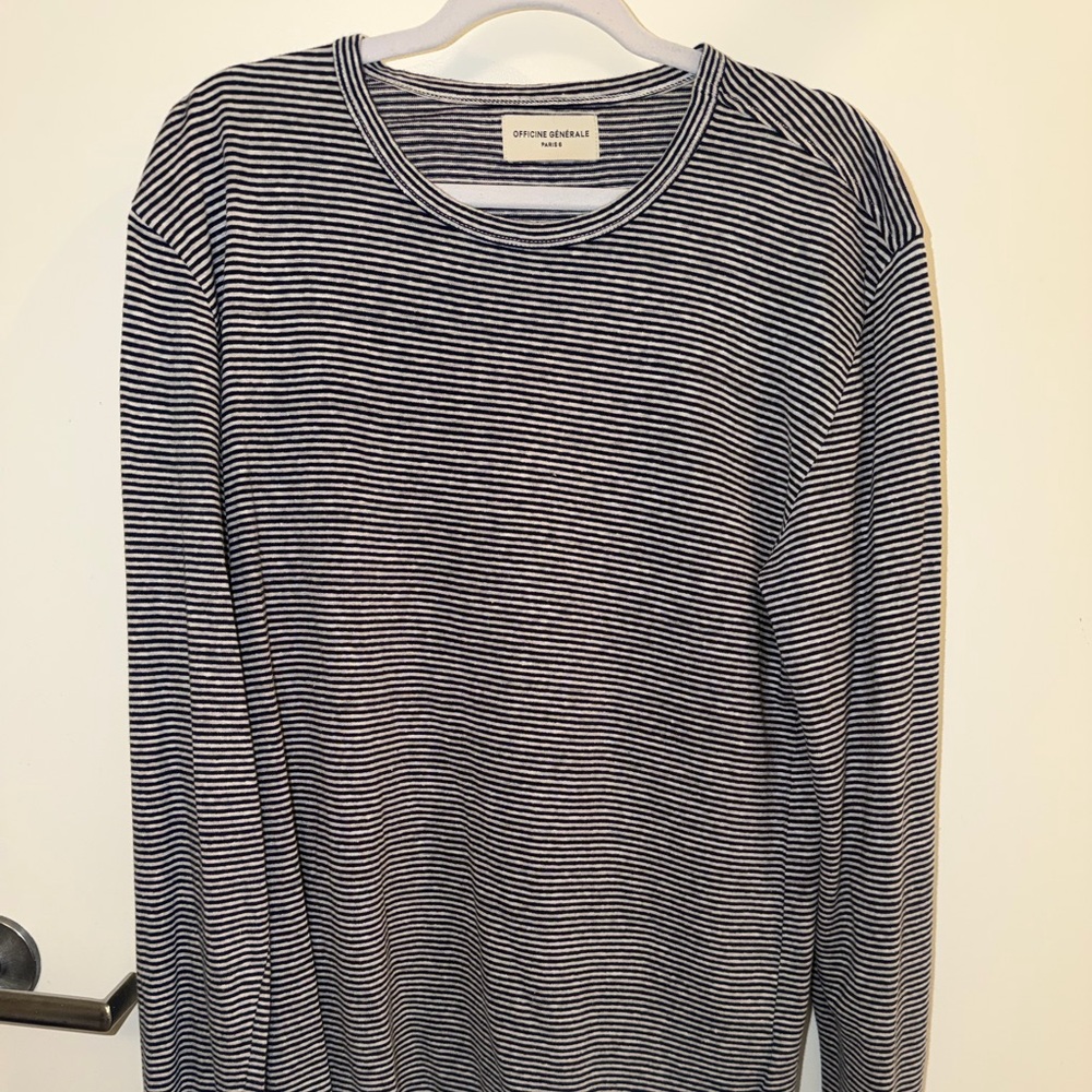 Officine Generale Navy and White Striped Long Sleeve Shirt